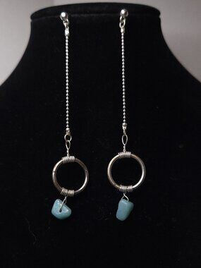 Silver Tone Dangle Earrings W/Blue Stones